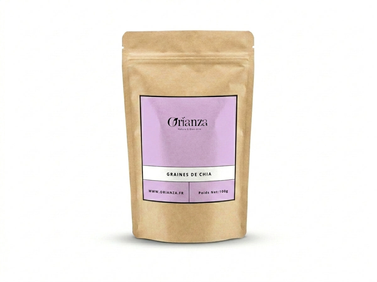 Sachet kraft de Graines de Chia Bio de la marque Orianza, emballage étanche de qualité herboristerie fine.