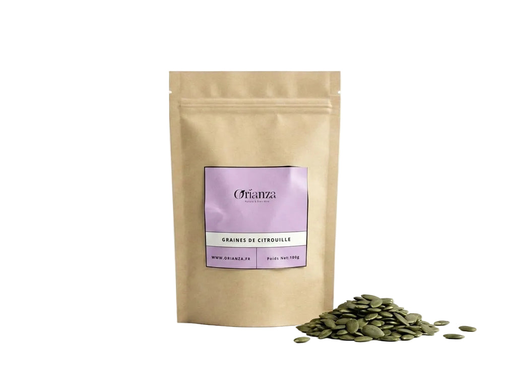 Sachet d'apothicaire en kraft de Graines de Citrouille Naturelles Orianza Selection, super-aliment pur et riche en zinc.