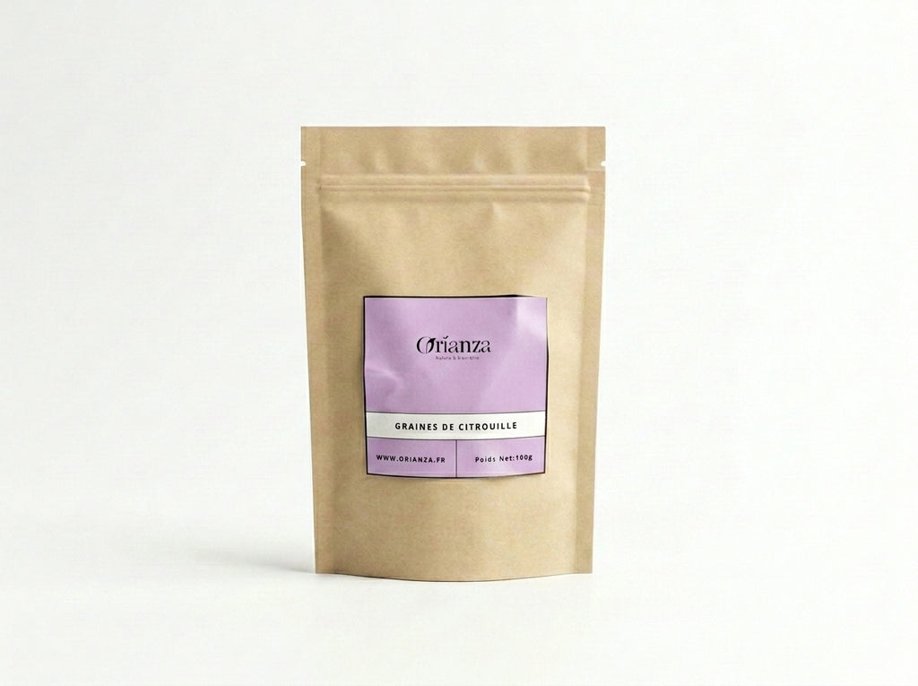 Sachet d'apothicaire en kraft de Graines de Citrouille Naturelles Orianza Selection, super-aliment pur et riche en zinc.
