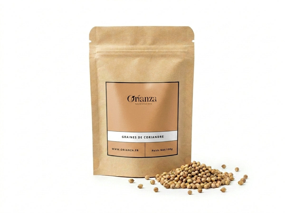 Sachet d'apothicaire de Graines de Coriandre Entières Orianza Selection, épice dorée de qualité herboristerie supérieure.