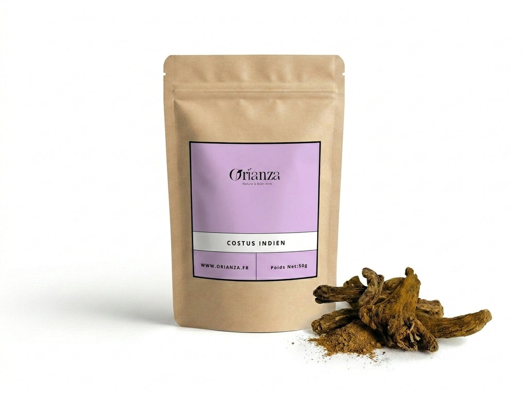 Sachet d'apothicaire en kraft de Racine de Costus Indien Orianza Selection, Qist Al Hindi pur pour l'immunité avec quelques morceaux de racines à côté.