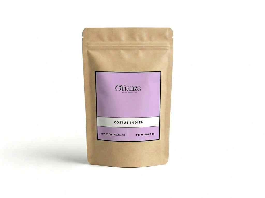 Sachet kraft de Racine de Costus Indien de la marque Orianza, emballage étanche haute protection préservant la pureté de la plante.