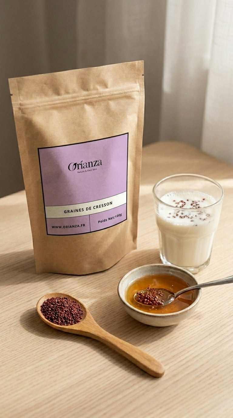 Préparation traditionnelle d'une infusion de graines de cresson dans du lait chaud pour la vitalité après accouchement.
