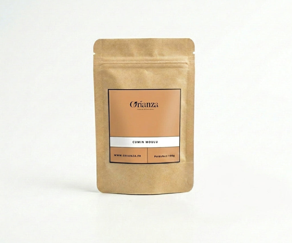Sachet d'apothicaire en kraft de Cumin Moulu Premium Orianza Selection, poudre fine pure de qualité herboristerie.