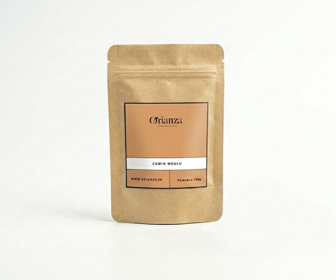 Sachet d'apothicaire en kraft de Cumin Moulu Premium Orianza Selection, poudre fine pure de qualité herboristerie.