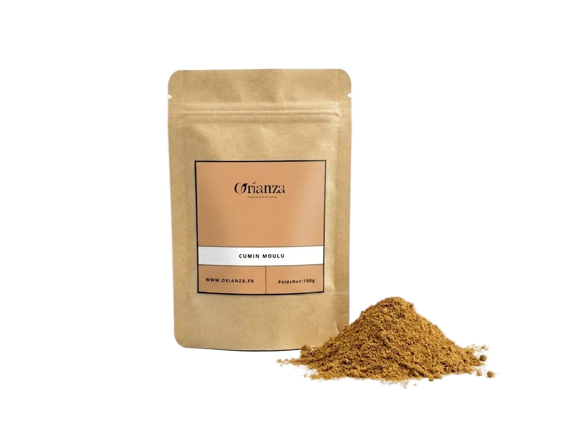 Sachet d'apothicaire en kraft de Cumin Moulu Premium Orianza Selection, poudre fine pure de qualité herboristerie.