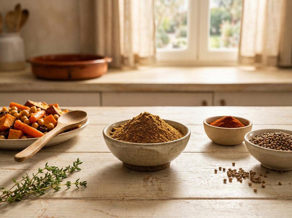 Plat réconfortant de lentilles corail mijotées et carottes rôties au miel, assaisonnées au cumin pur Orianza.