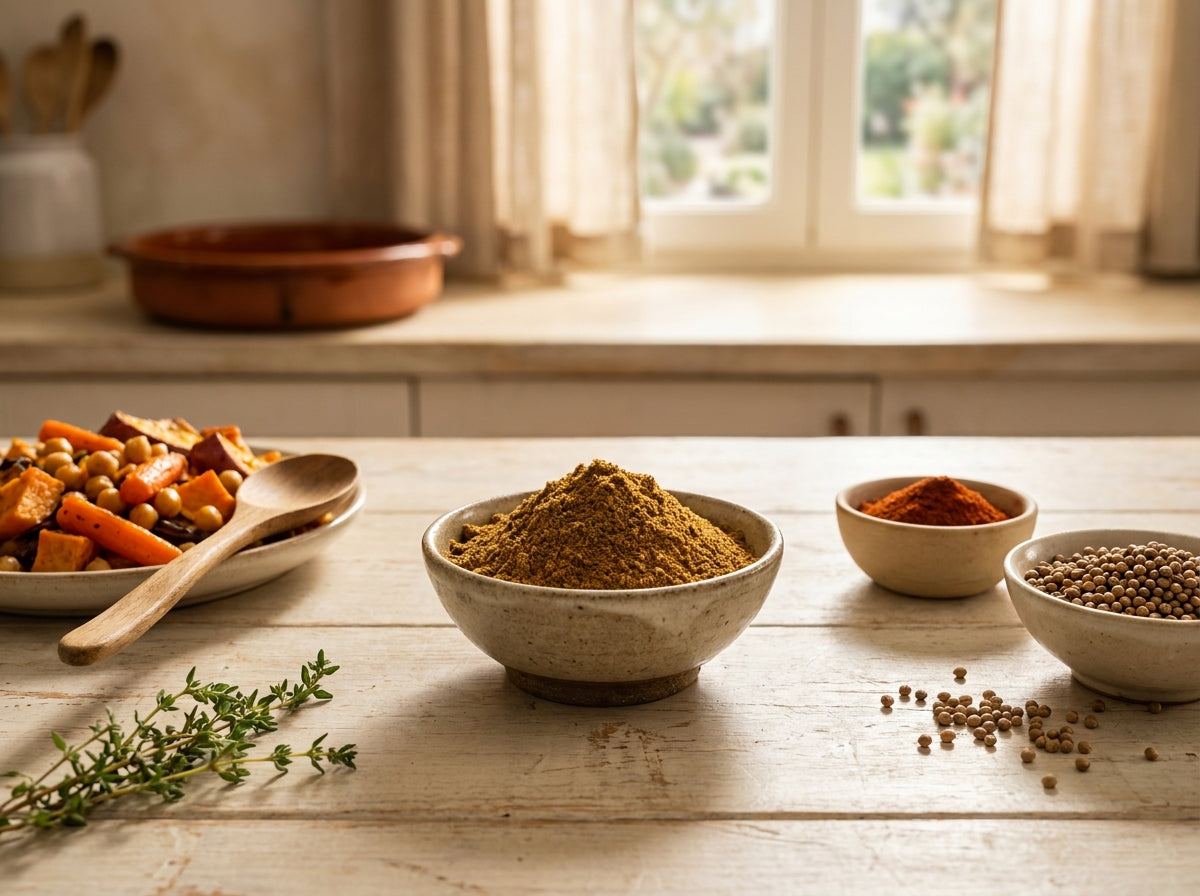 Plat réconfortant de lentilles corail mijotées et carottes rôties au miel, assaisonnées au cumin pur Orianza.