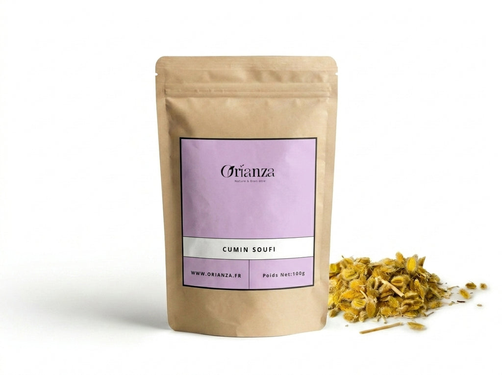 Sachet d'apothicaire en kraft de Cumin Soufi Orianza Selection, carvi sauvage pour la digestion avec quelques graines à côté.