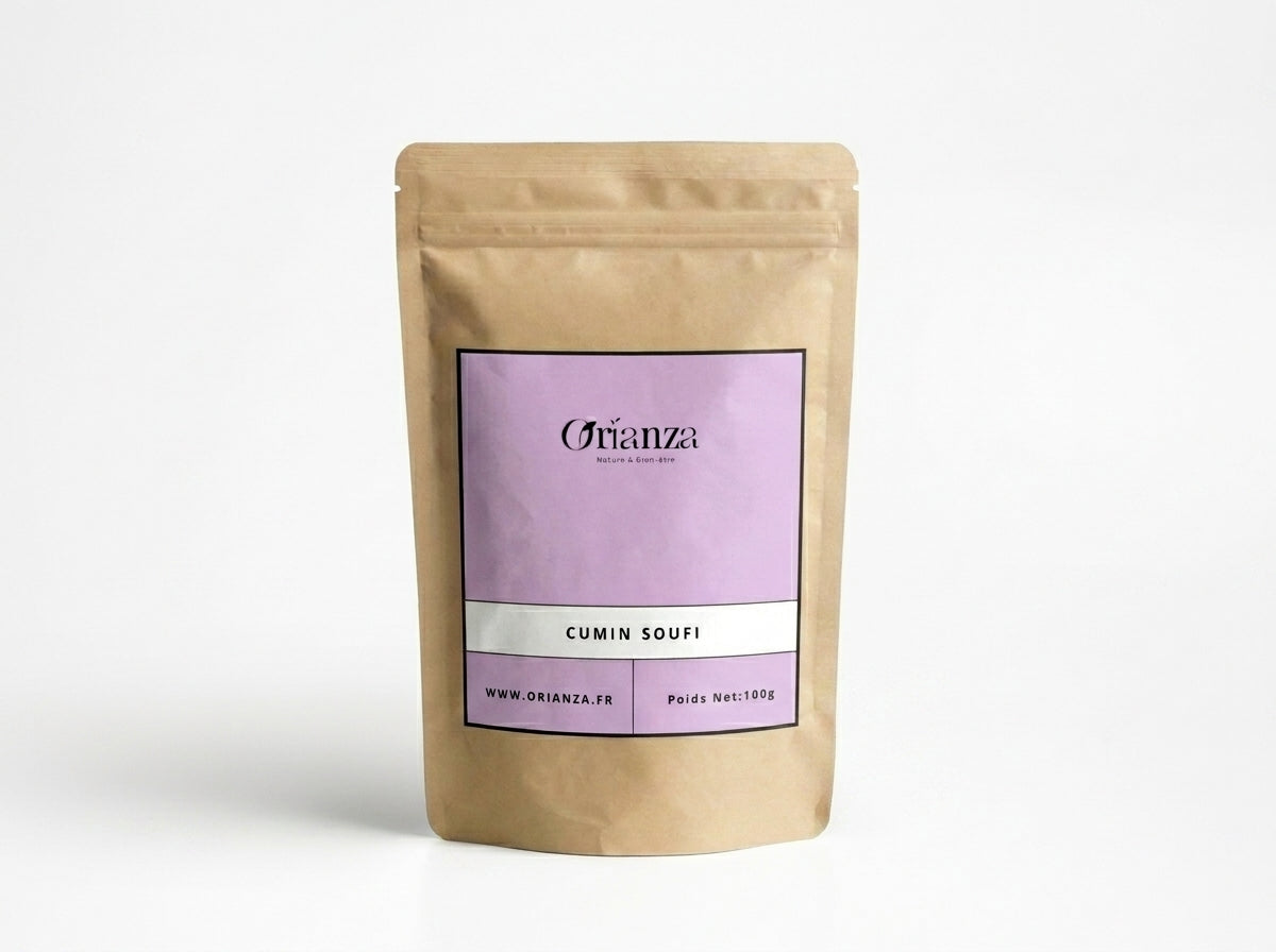 Sachet kraft de Cumin Soufi de la marque Orianza, emballage étanche haute protection préservant les huiles essentielles.