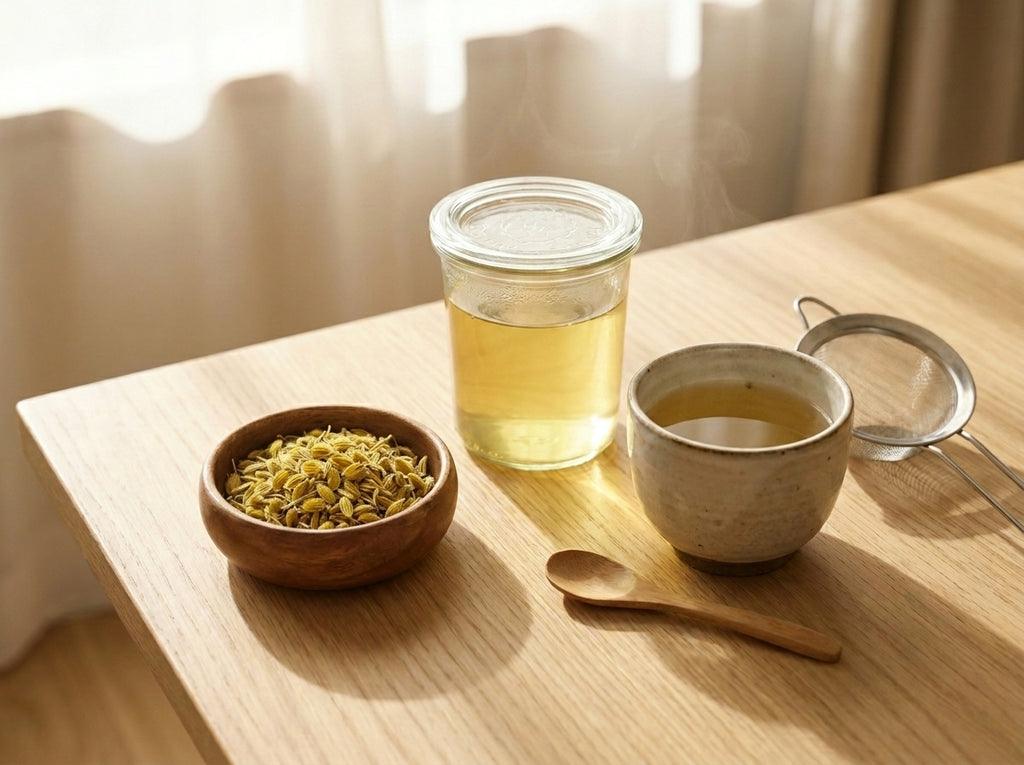 Une tasse de tisane chaude de Cumin Soufi Orianza fumante, préparée pour un rituel de confort digestif après le repas.