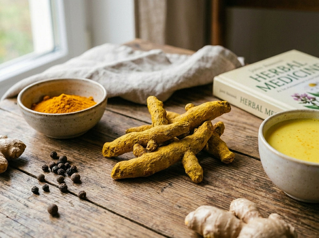 Gros plan herboriste sur la couleur orange intense et les rides naturelles des racines de curcuma séchées.