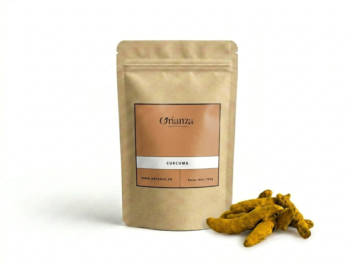 Sachet d'apothicaire en kraft de Racines de Curcuma Entières Orianza Selection, Kharkoum brut pour infusion et cuisine.