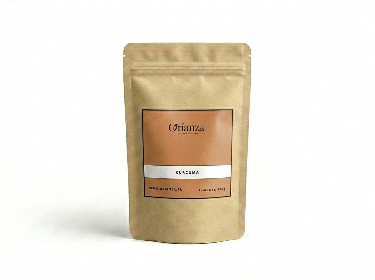 Sachet d'apothicaire en kraft de Racines de Curcuma Entières Orianza Selection, Kharkoum brut pour infusion et cuisine.