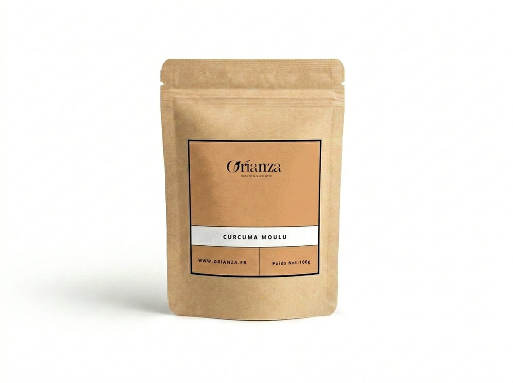 Sachet d'apothicaire en kraft de Curcuma Moulu Pur Orianza Selection, Kharkoum en poudre antioxydante.