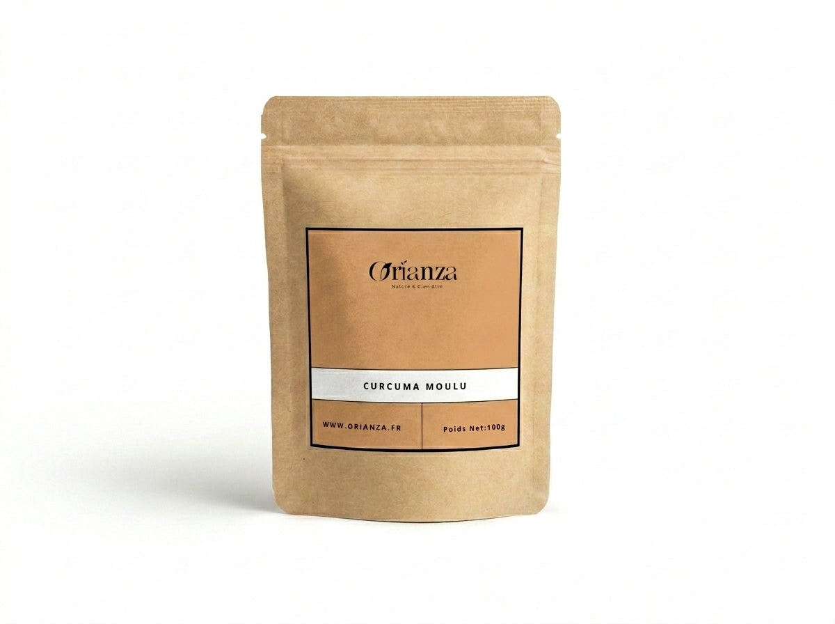 Sachet d'apothicaire en kraft de Curcuma Moulu Pur Orianza Selection, Kharkoum en poudre antioxydante.
