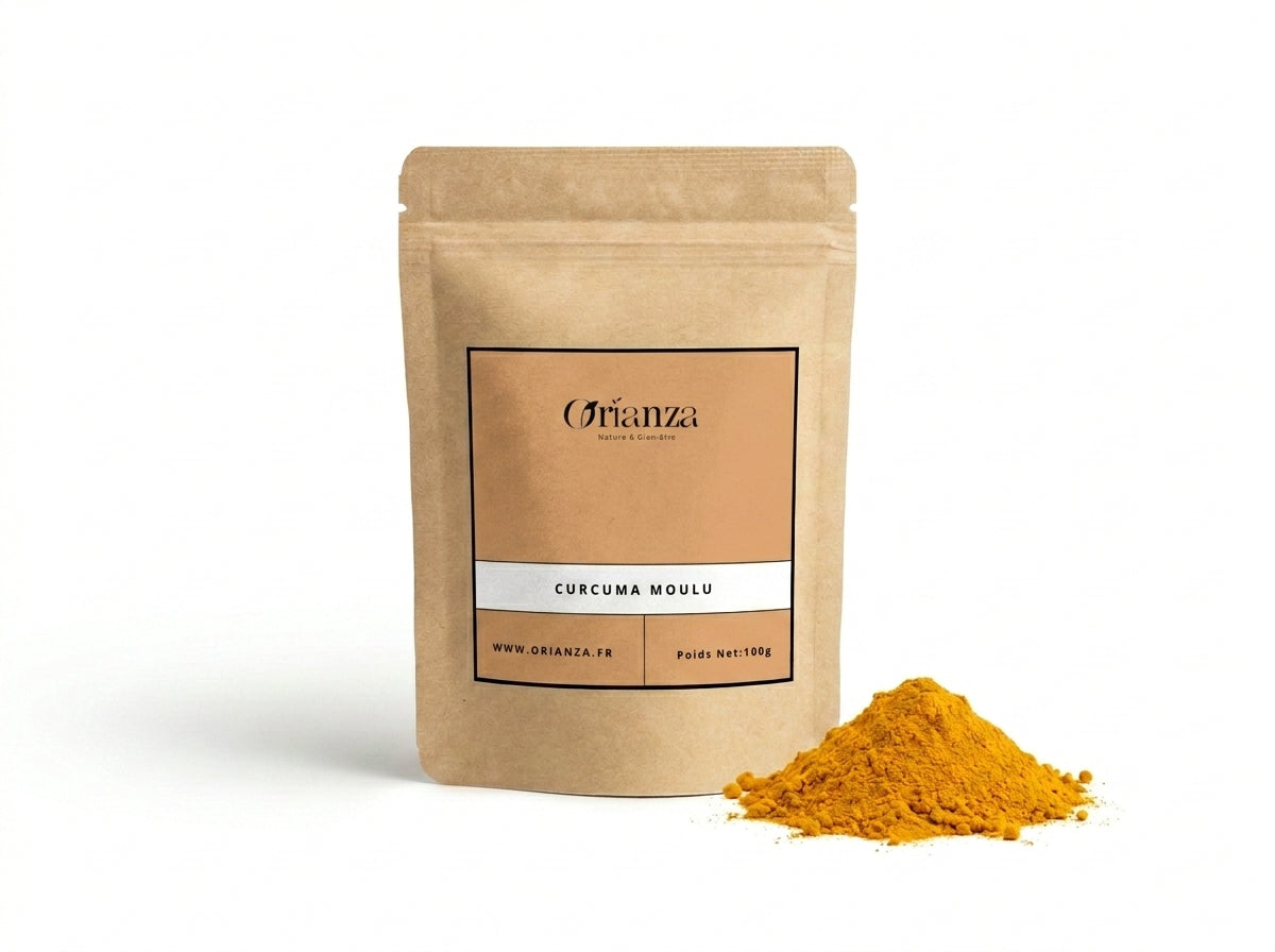 Sachet d'apothicaire en kraft de Curcuma Moulu Pur Orianza Selection, Kharkoum en poudre antioxydante.