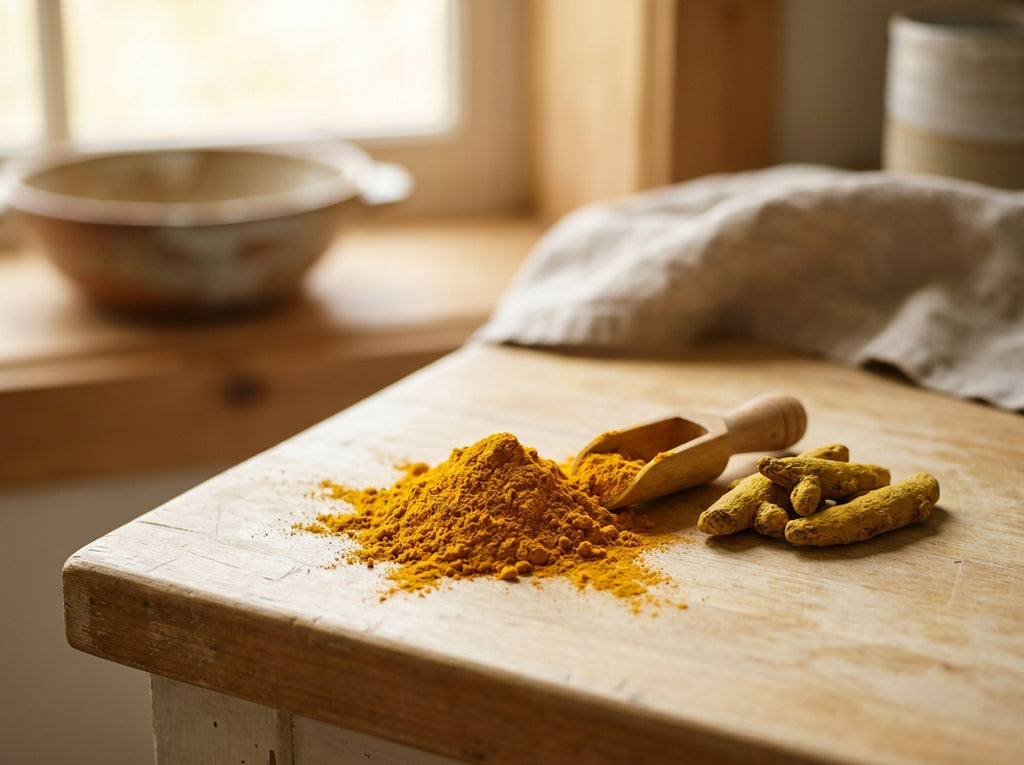 Gros plan herboriste sur la couleur dorée vibrante et la texture fine de la poudre de curcuma pur.