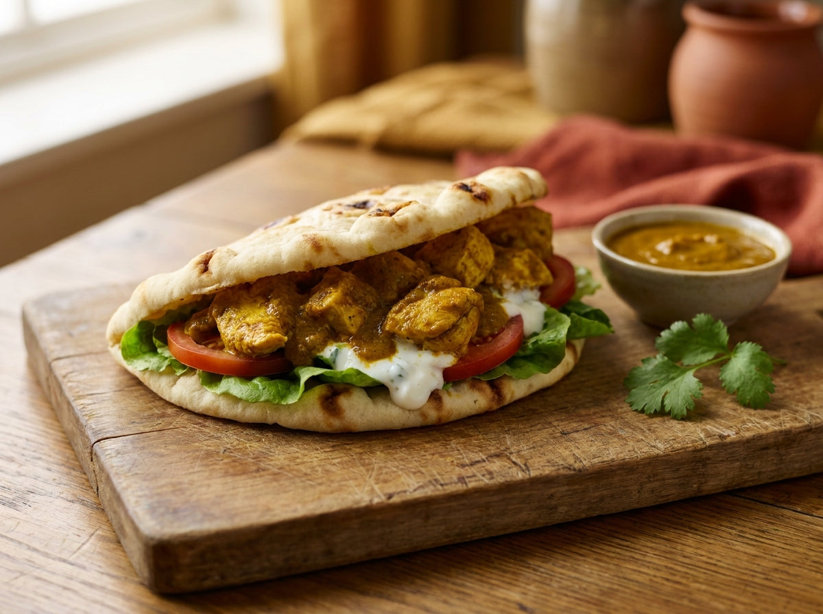 Sandwich de pain Naan au poulet curry Orianza gourmand et doré