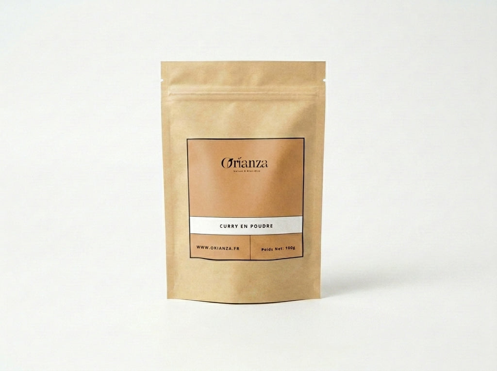 Sachet kraft de Curry en Poudre Orianza Selection, mélange d'épices dorées de qualité herboristerie supérieure.