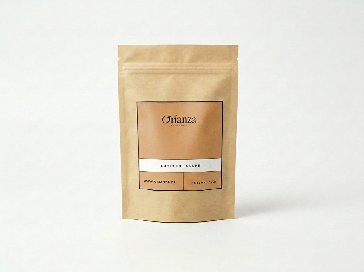 Sachet kraft de Curry en Poudre Orianza Selection, mélange d'épices dorées de qualité herboristerie supérieure.