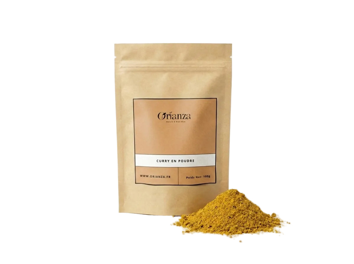 Sachet kraft de Curry en Poudre Orianza Selection, mélange d'épices dorées de qualité herboristerie supérieure.