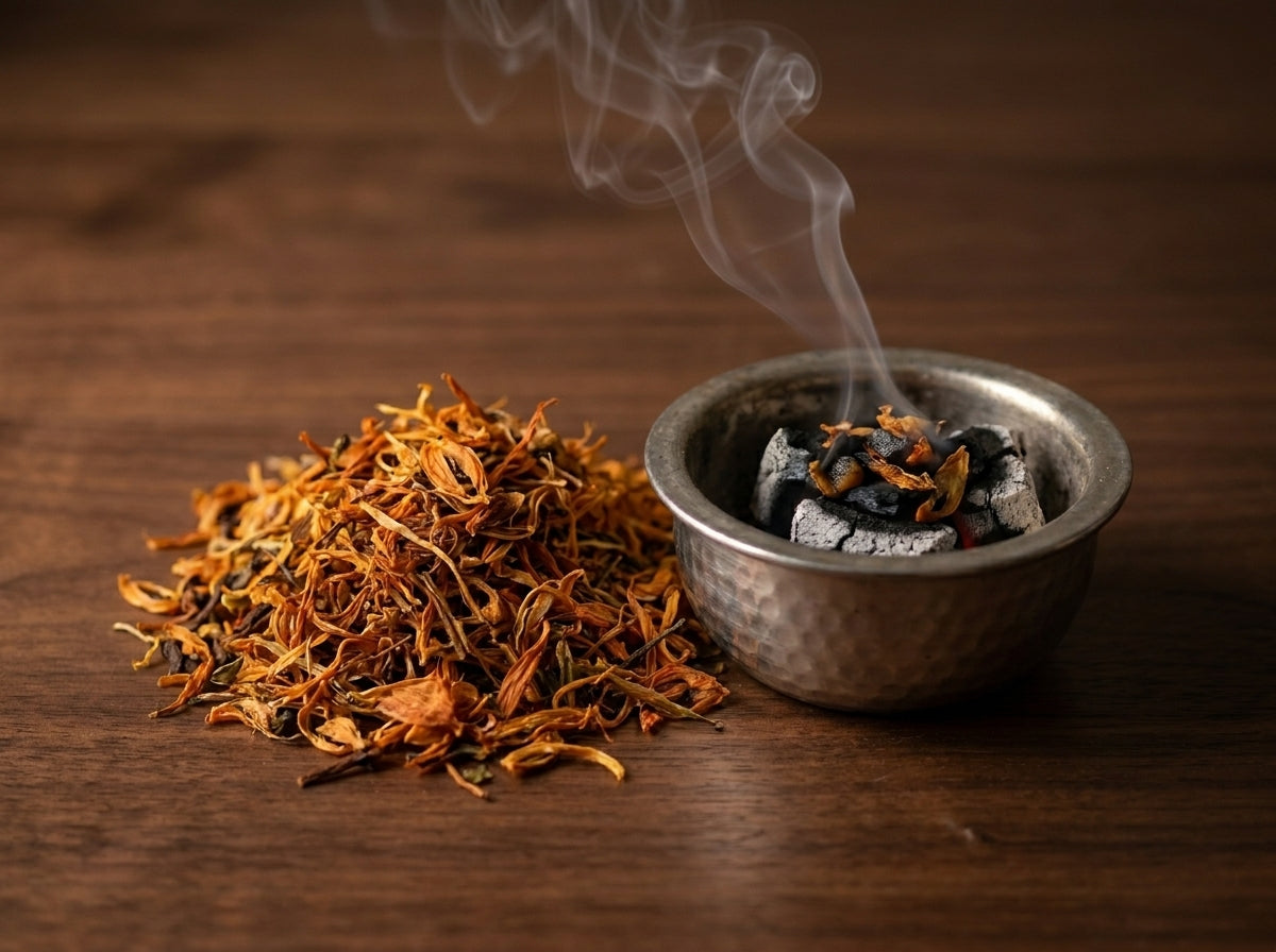 Rituel de protection et de purification avec les Graines d'Eïn El Farouj Orianza posées à côté d'une magnifique encensoir fumant sur charbon.