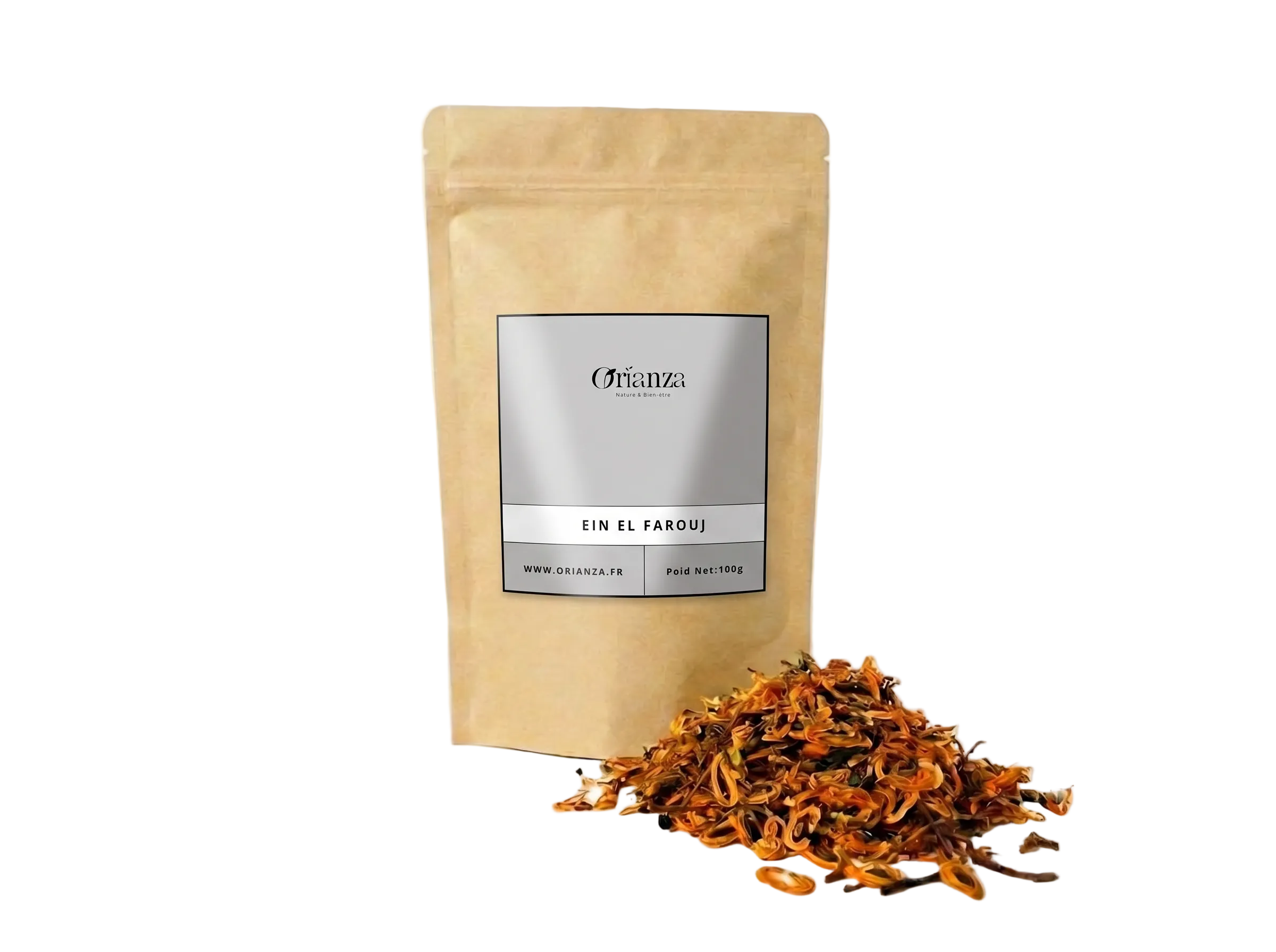 Sachet d'apothicaire en kraft de Graines d'Eïn El Farouj Orianza Selection, encens rouge et noir avec quelques graines à côté.