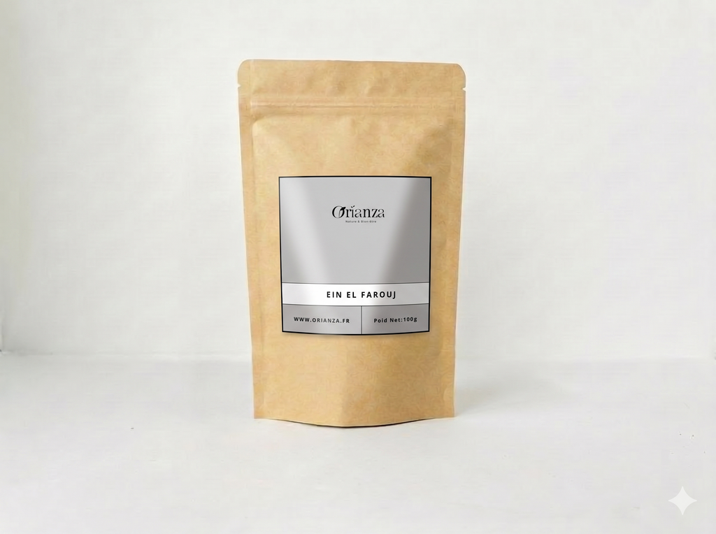 Sachet kraft de Graines d'Eïn El Farouj de la marque Orianza, emballage hermétique protégeant la qualité de cet encens traditionnel.
