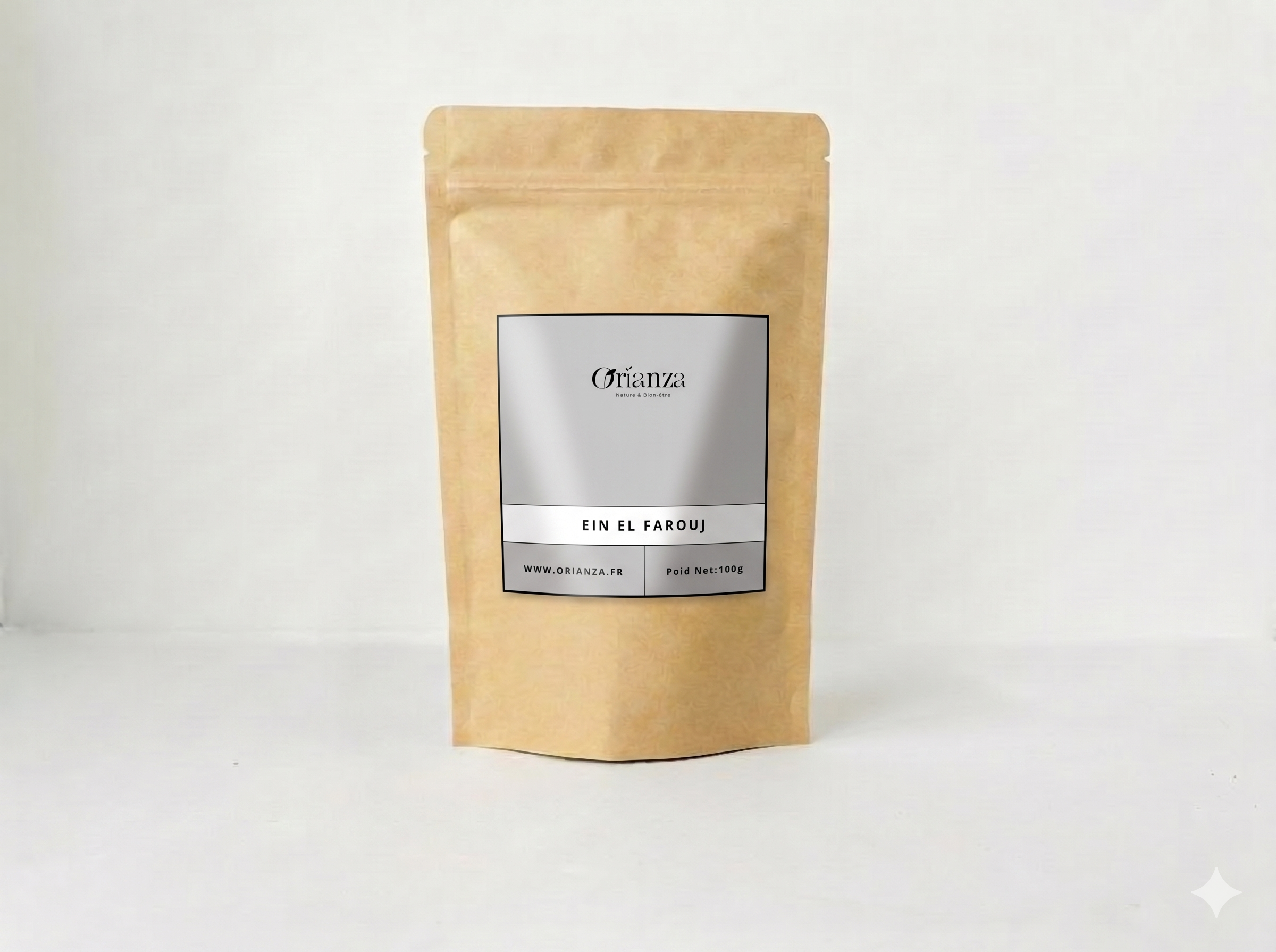 Sachet kraft de Graines d'Eïn El Farouj de la marque Orianza, emballage hermétique protégeant la qualité de cet encens traditionnel.