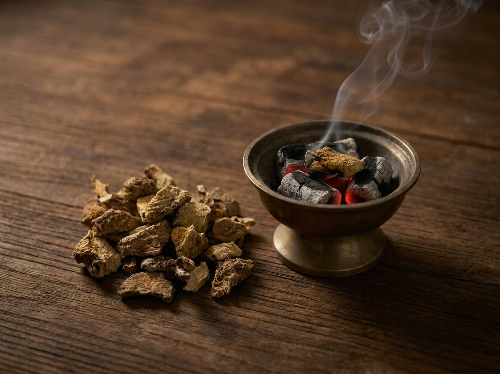 Rituel de purification traditionnelle avec la racine d'Aldad Orianza posée à côté d'une magnifique encensoir fumant sur charbon.