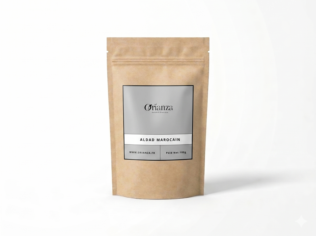 Sachet kraft de racine d'Aldad Traditionnelle de la marque Orianza, emballage hermétique protégeant les propriétés assainissantes.
