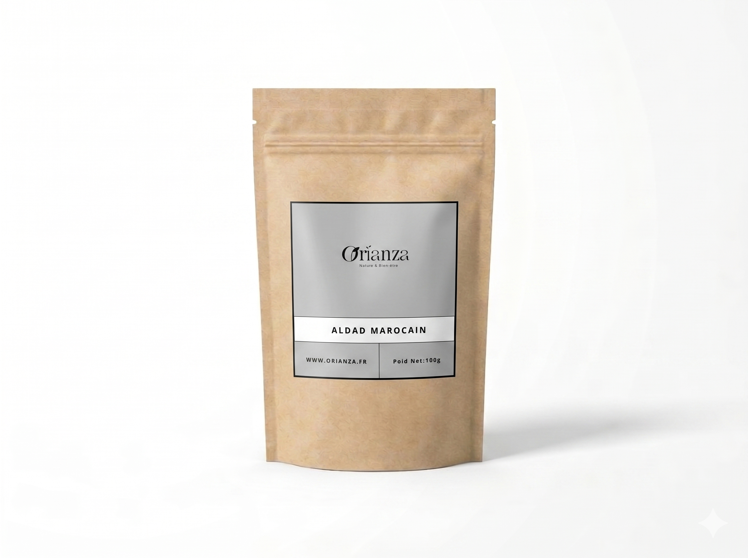 Sachet kraft de racine d'Aldad Traditionnelle de la marque Orianza, emballage hermétique protégeant les propriétés assainissantes.