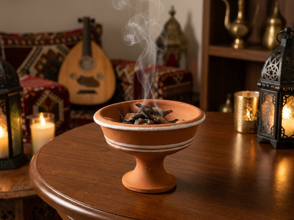 Fumée aromatique s'élevant librement de l'encensoir traditionnel en terre cuite pour purifier le salon.