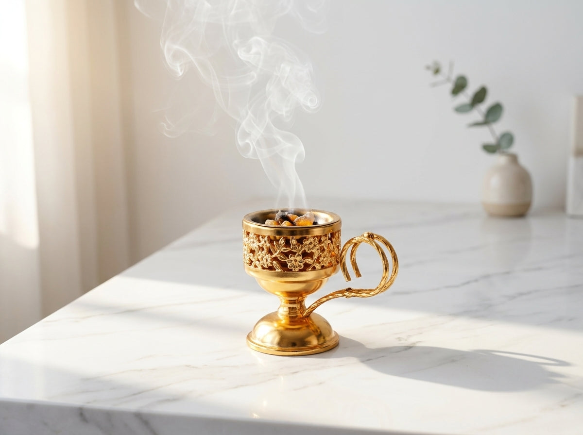 Mise en scène luxueuse du mini encensoir brillant entouré de éclats de bois d'oud naturel et de charbon.