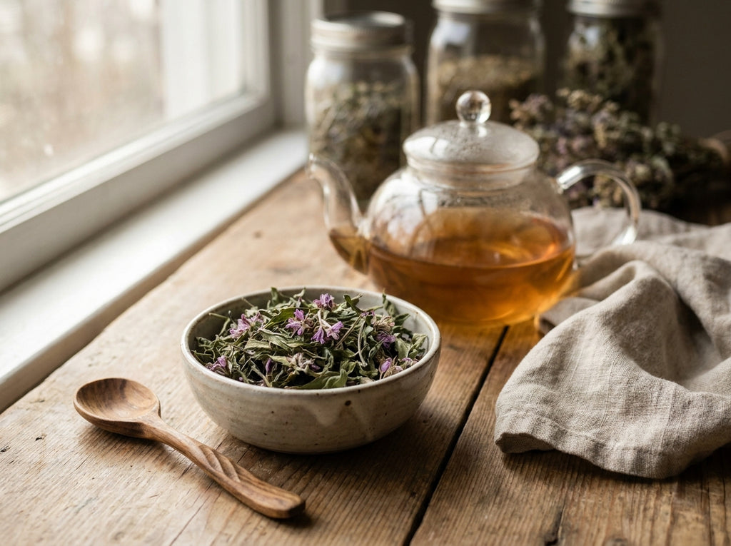 Tasse de tisane d'épilobe sauvage chaude fumante, sucrée avec du miel naturel sur une table en bois brut.