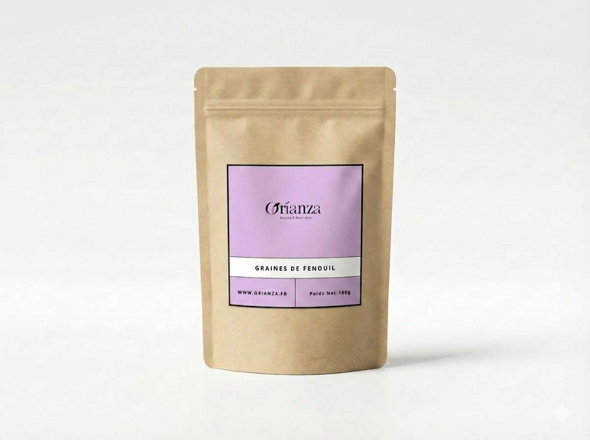 Sachet kraft de Graines de Fenouil Pur de la marque Orianza, emballage hermétique protégeant les huiles essentielles anisées.