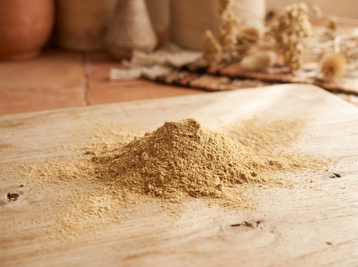 Gros plan herboriste sur la texture fine et la couleur beige dorée de la poudre de fenugrec pure de qualité supérieure.