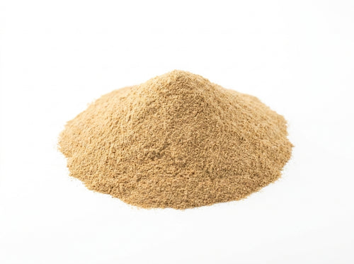 Gros plan herboriste sur la texture fine et la couleur beige dorée de la poudre de fenugrec pure de qualité supérieure.