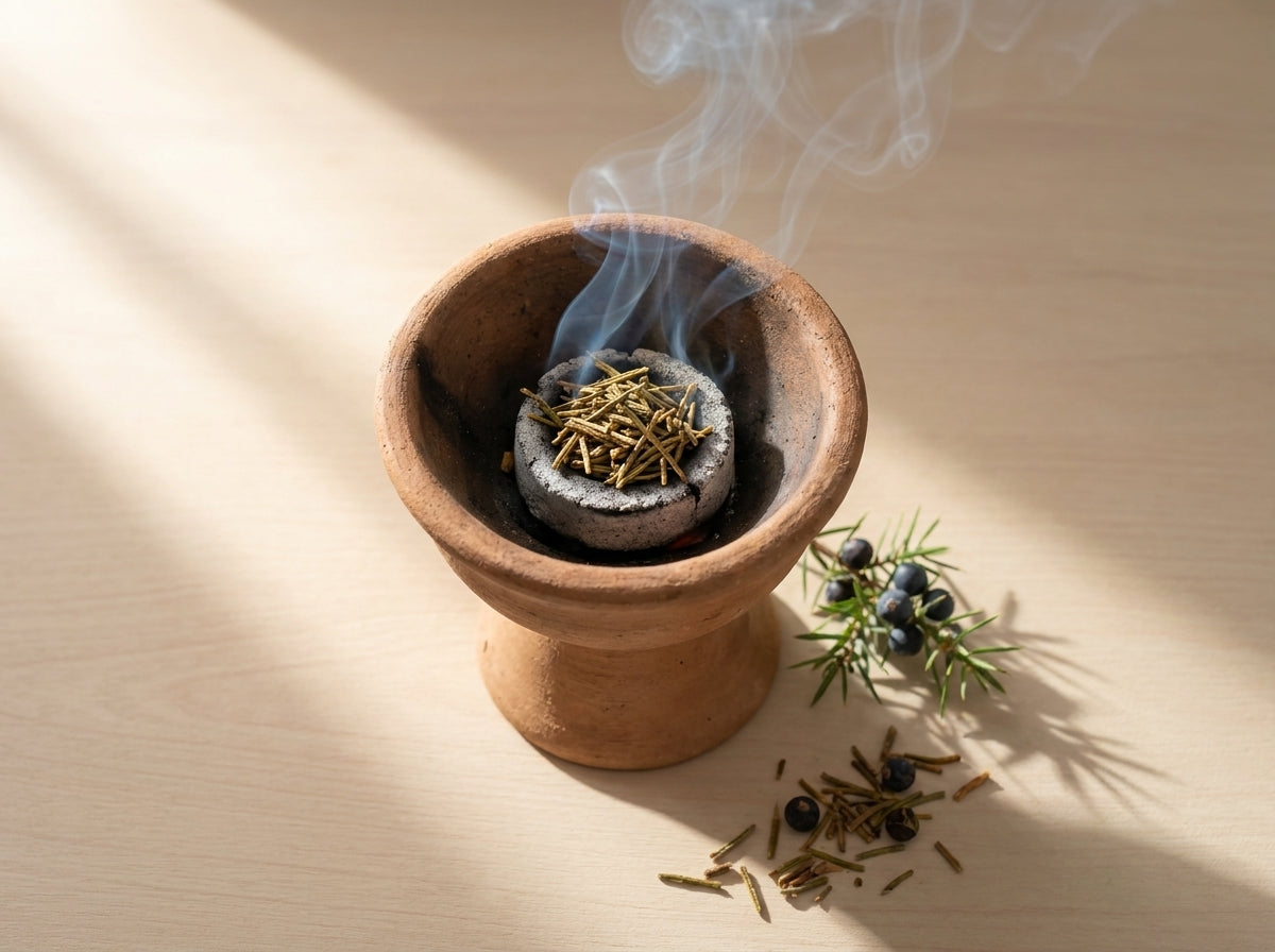 Rituel de purification avec le Genévrier Araar Orianza brûlant délicatement sur un charbon ardent posé sur un petit encensoir traditionnel.