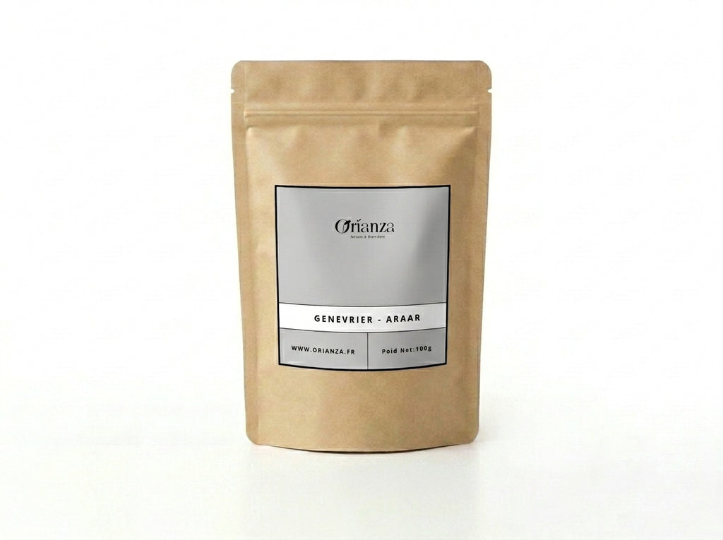 Sachet kraft de Genévrier Sauvage (Araar) de la marque Orianza, emballage étanche haute protection préservant les huiles essentielles.