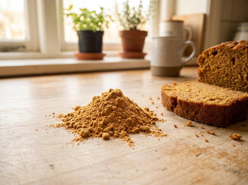 Gâteau au gingembre savoureux à côté d'un bol de gingembre moulu pur Orianza