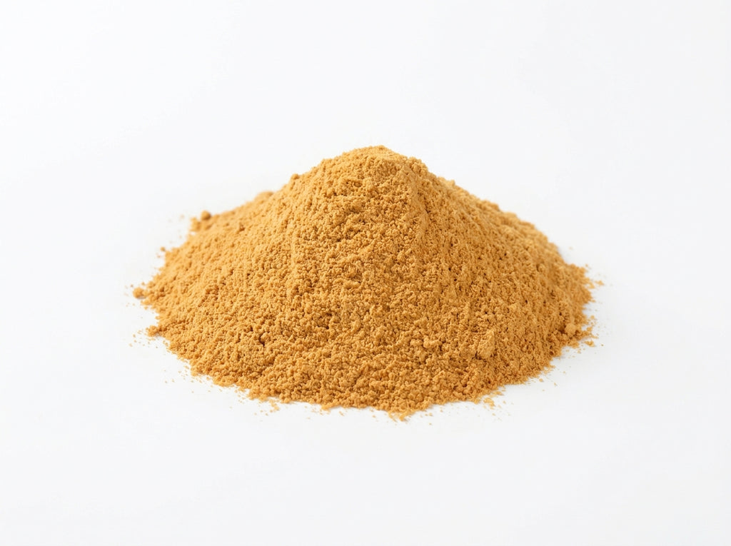 Gros plan herboriste sur la texture fine et la couleur dorée de la poudre de gingembre pur de qualité supérieure.