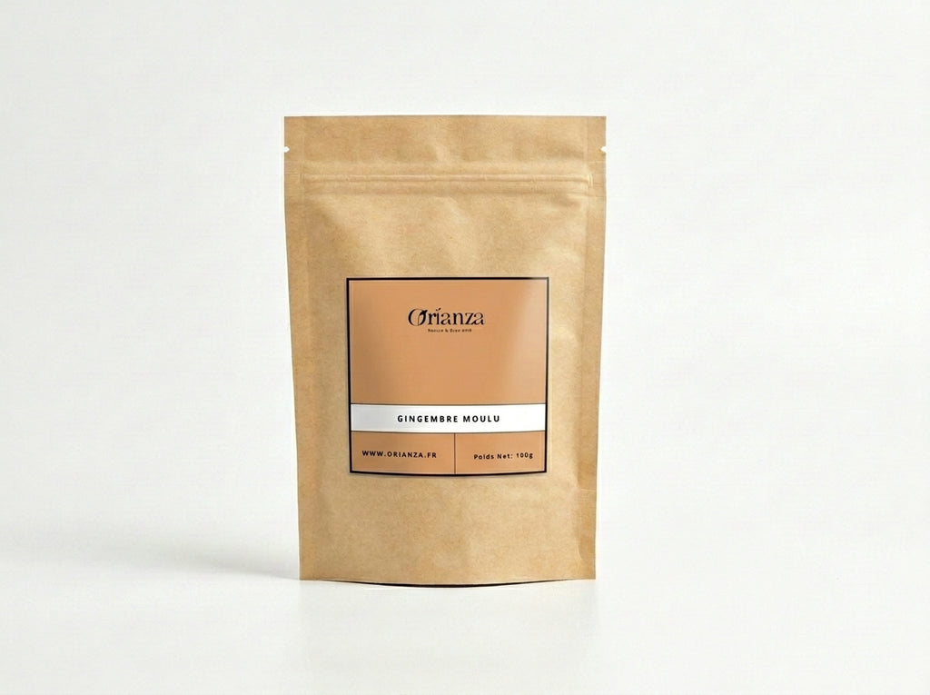 Sachet d'apothicaire en kraft de Gingembre Moulu Pur Orianza Selection, Skijn-bir en poudre pour un boost d'énergie.
