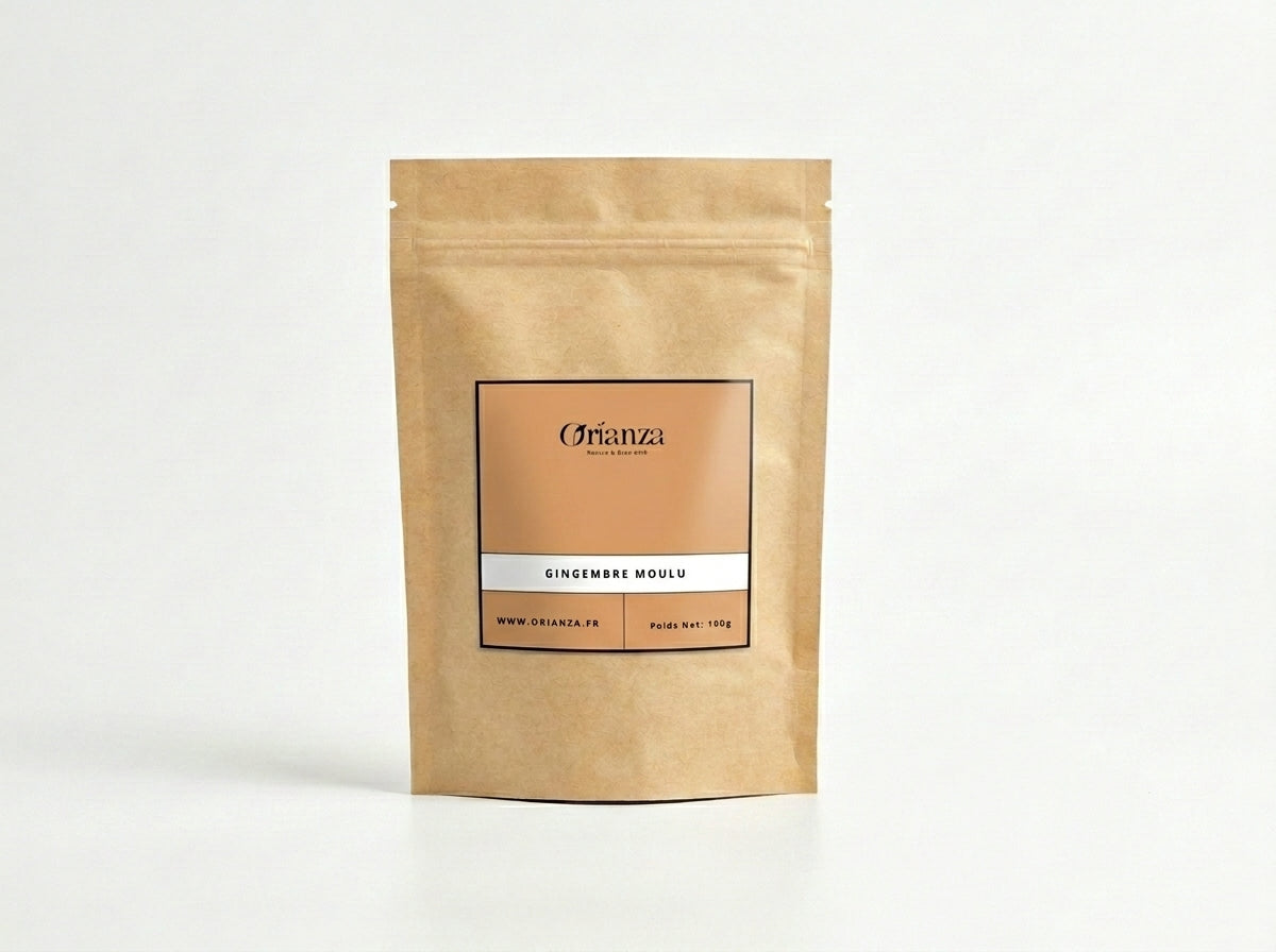 Sachet d'apothicaire en kraft de Gingembre Moulu Pur Orianza Selection, Skijn-bir en poudre pour un boost d'énergie.