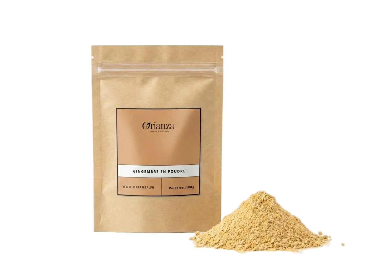 Sachet kraft de Gingembre en Poudre Pur Orianza Selection, épice fine de qualité herboristerie pour la vitalité.