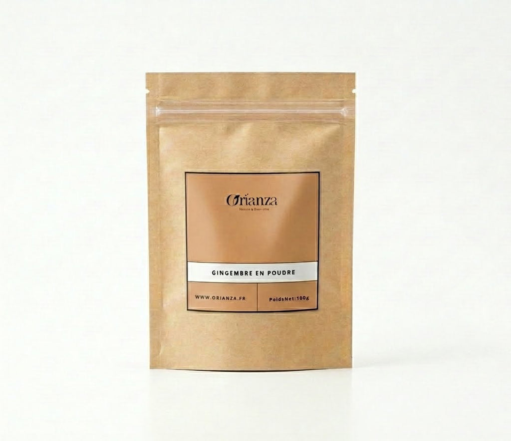 Sachet kraft de Gingembre en Poudre Pur Orianza Selection, épice fine de qualité herboristerie pour la vitalité.