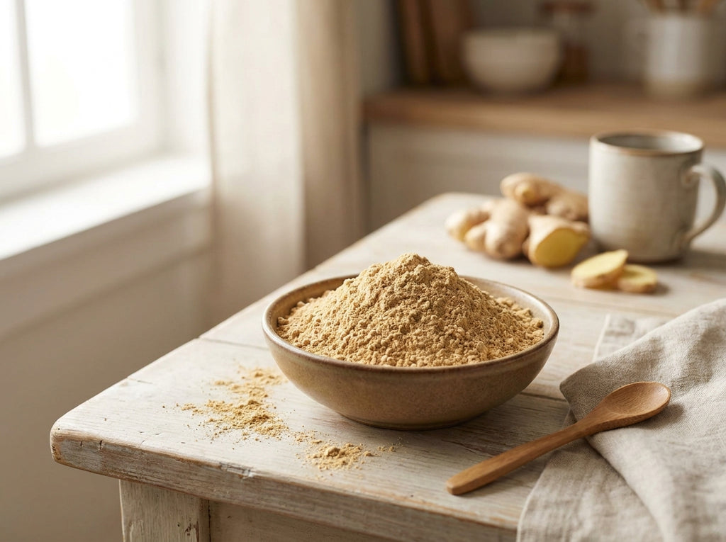 Gros plan sur la texture fine et la couleur beige clair de la poudre de gingembre riche en actifs tonifiants.