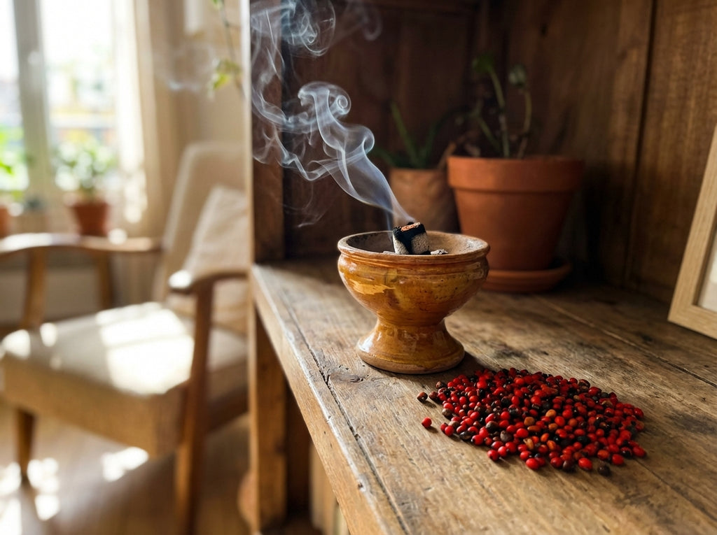 Rituel de protection spirituelle avec le sachet de Hab El Aachak Orianza posé à côté d'une magnifique encensoir traditionnel fumant sur charbon.