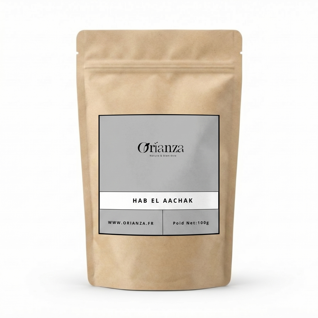 Sachet kraft de Graines d'Abrus (Hab El Aachak) de la marque Orianza, emballage hermétique protégeant la qualité et l'éclat des graines.